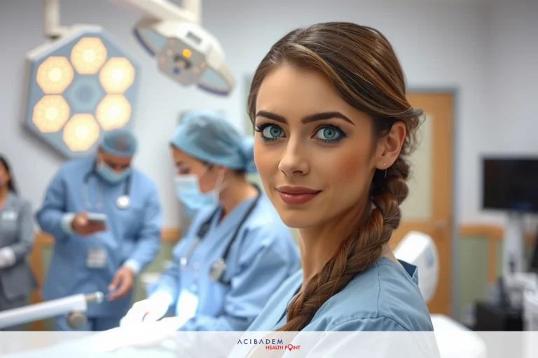 The photo shows a young woman in a hospital setting, wearing a surgical gown and her hair tied in a braid. She is looking over her shoulder towards the camera with a neutral expression. In the background, there are other medical professionals engaged in their tasks, likely nurses and doctors, as suggested by their professional attire and activities.