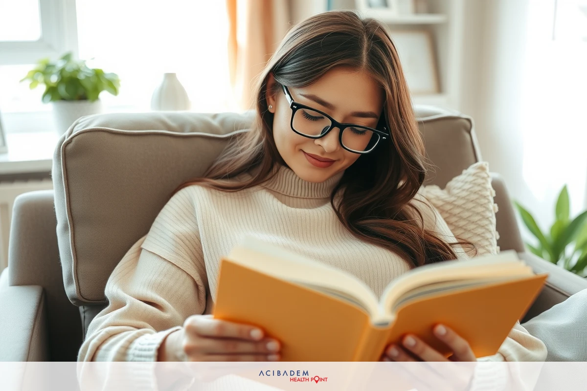 Woman wearing glasses and a knit sweater, comfortably seated on couch with yellow book in hand. Her smile suggests enjoyment of reading.
