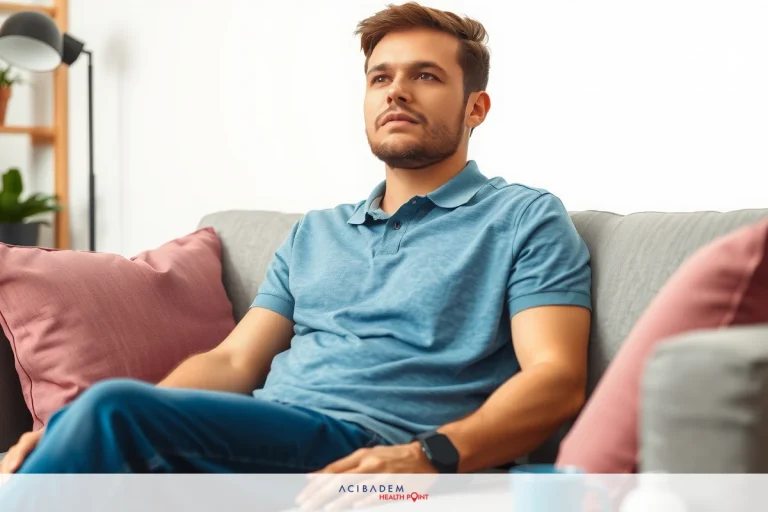 A man in a light blue shirt sits on a gray sofa with a relaxed posture, looking towards the camera. The room is cozy and well-lit with natural light.