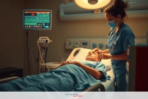 The image depicts a medical scene with two people. One person is lying on a hospital bed, suggesting a patient receiving medical treatment. The other individual, standing beside the bed and dressed in a surgical gown with a visible stethoscope around their neck, seems to be a healthcare professional attending to the patient's needs.