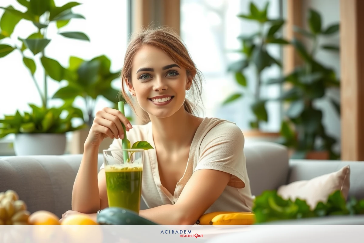 A young woman with blonde hair is seated at a table in an indoor setting. She holds a glass of green juice, smiling as she looks towards the camera. The table is laden with fresh fruits and vegetables, including bananas and oranges. There are potted plants around the room that suggest a modern, eco-friendly environment.