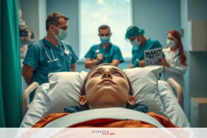 The image shows a medical scene with multiple healthcare professionals in scrubs and face masks standing around a patient who is lying on a hospital bed. The patient appears to be receiving medical attention, as suggested by the focused expressions of the personnel. The environment suggests an intensive care setting or an emergency room within a hospital.