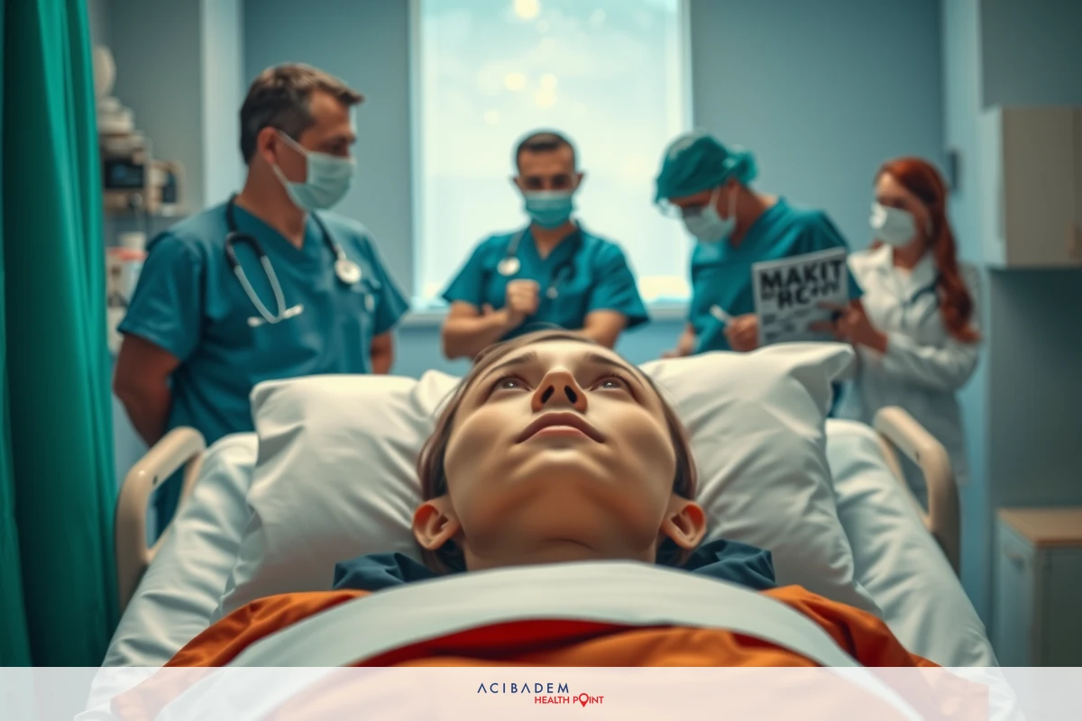 The image shows a medical scene with multiple healthcare professionals in scrubs and face masks standing around a patient who is lying on a hospital bed. The patient appears to be receiving medical attention, as suggested by the focused expressions of the personnel. The environment suggests an intensive care setting or an emergency room within a hospital.