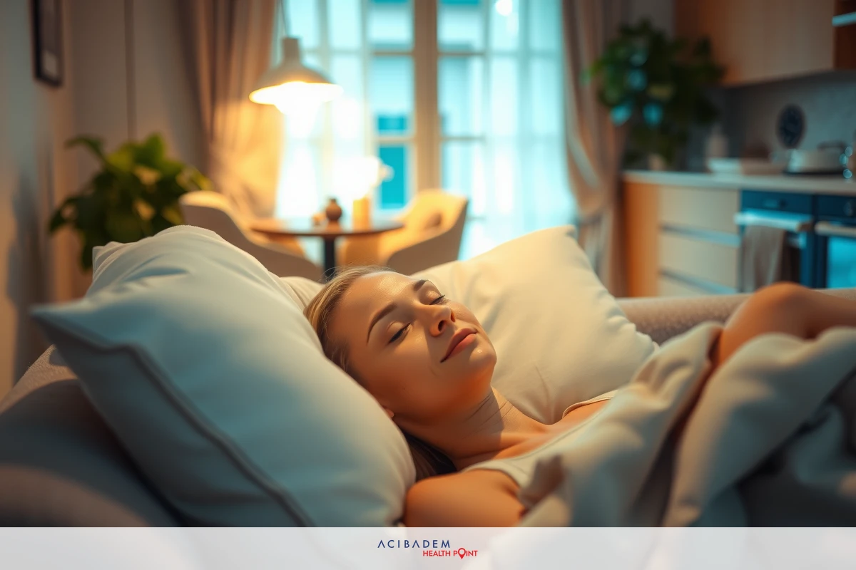 A woman in a white bed. The room has a dimly lit ambiance with warm colors and soft lighting coming from the lamp and window. The sheets are light-colored, complementing the serene and peaceful atmosphere of the scene.