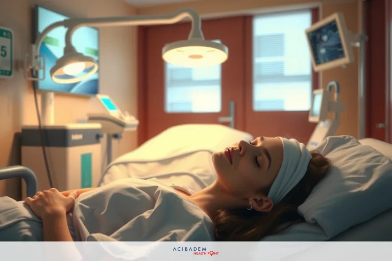 In this image, we see a woman in a hospital bed. She appears to be unconscious or asleep, given her closed eyes and relaxed posture. The room is well-lit with medical equipment visible in the background, suggesting she may be in critical care or intensive care. Her white blanket and the sterile environment indicate that this scene takes place within a healthcare facility.