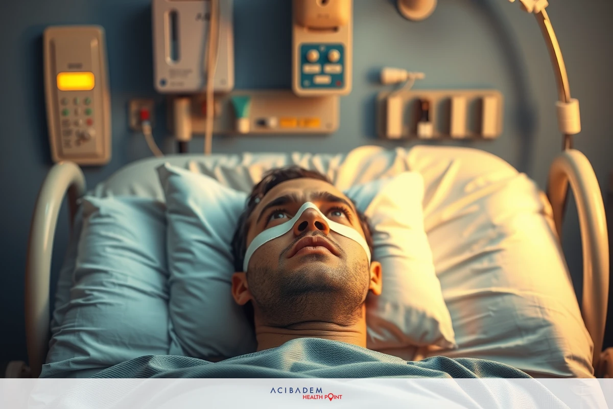 This image shows a person lying in a hospital bed. The patient appears to be intubated and has medical equipment hooked up to them. The environment suggests a clinical setting with various pieces of medical equipment present, including what looks like a monitor on the wall above the bed.