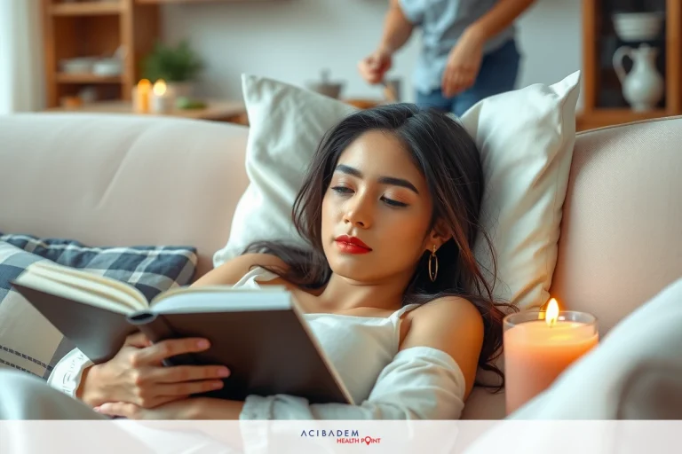A woman is laying in bed, reading a book. The room has a warm and comfortable ambiance with soft candlelight illuminating the space.