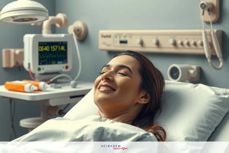 How Many Hours Does a Rhinoplasty Take Smiling woman laying down in hospital bed with medical equipment around her, wearing white hospital gown. Light and airy room with warm tones.