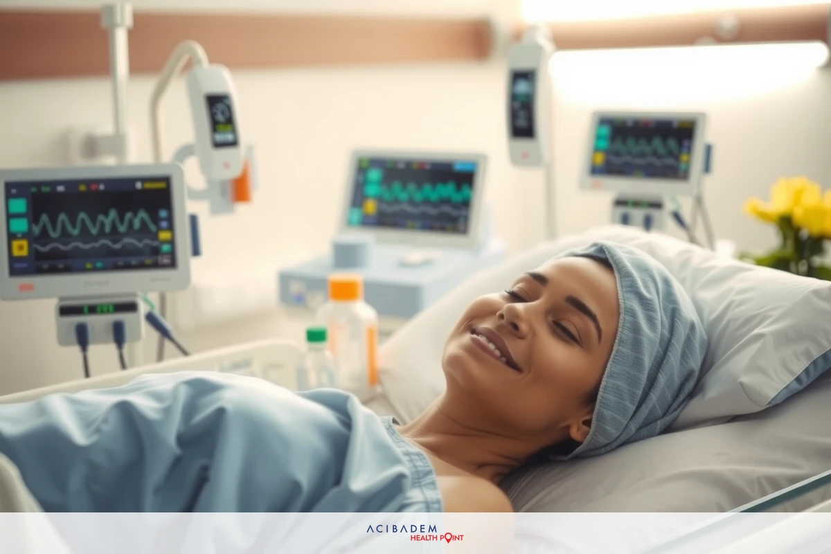 Woman smiling in hospital bed. She's wearing a surgical cap, has medical equipment around her.