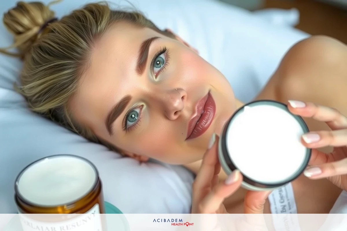 A woman lying down on a bed, applying lotion to her face and lips. Her eyes are closed, suggesting relaxation or sleepiness. The overall scene is intimate and personal, with soft lighting enhancing the calm atmosphere.