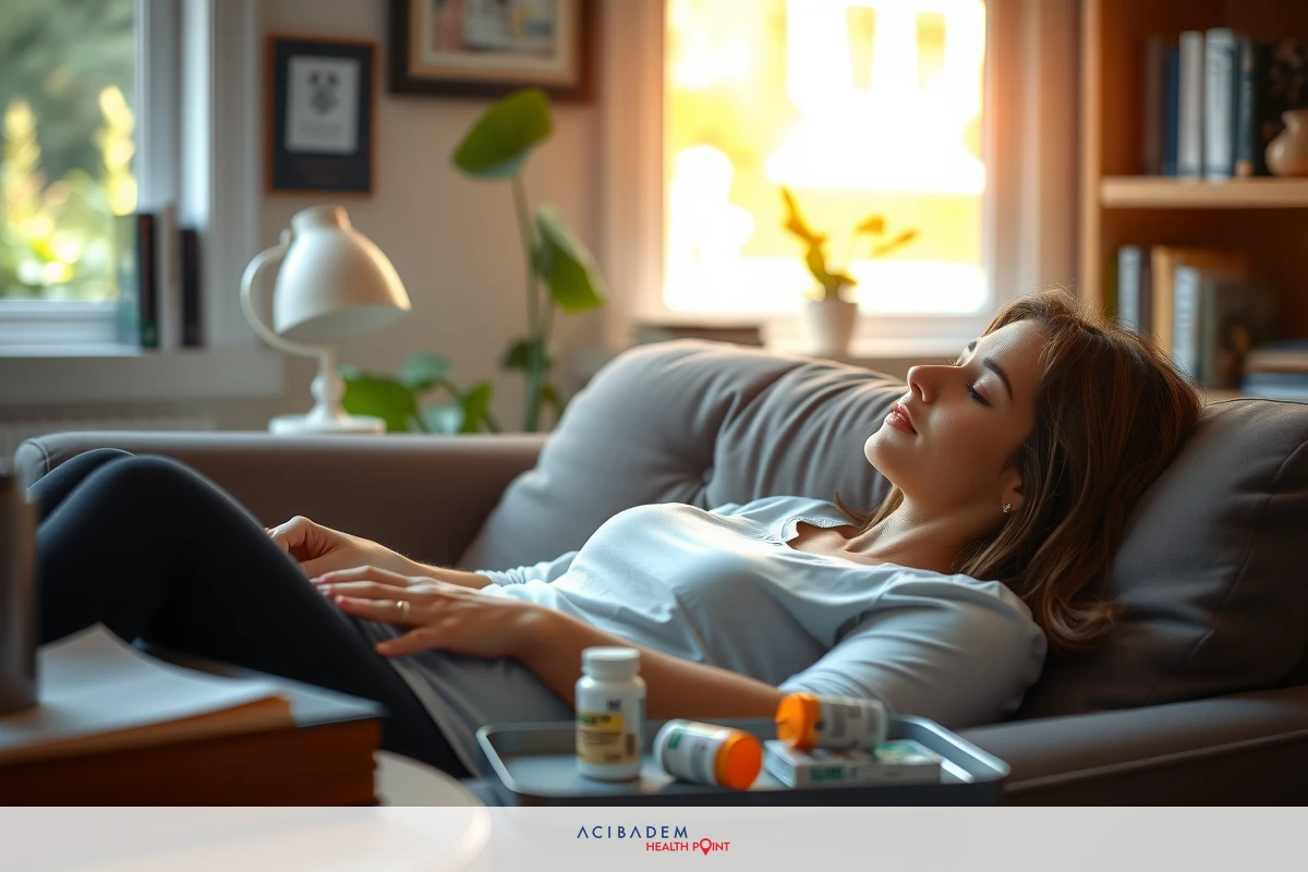 The image shows a woman lying on a couch, looking down at her hands. She appears to be in a relaxed or possibly contemplative pose. The setting is indoors, with natural light coming through the window. In front of her on the couch is a tray containing various items that could include medication and other personal belongings.
