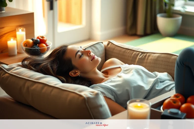 How to Speed Up Rhinoplasty Recovery The image shows a woman lying down on her back, relaxing with her eyes closed. She is on a large cushioned surface, which could be a bean bag or a similar type of furniture designed for comfort. The room has a cozy and inviting atmosphere, possibly a living room or a dedicated relaxation space. Natural light is coming through windows, suggesting it might be daytime. There are no visible texts or distinctive brands in the image.