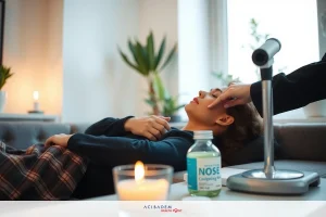 A cozy indoor scene featuring a person lying on a couch with another person working on their face, possibly giving a massage or facial treatment. The room is well-lit and contains various homey items such as potted plants, candles, and a bottle on a table.
