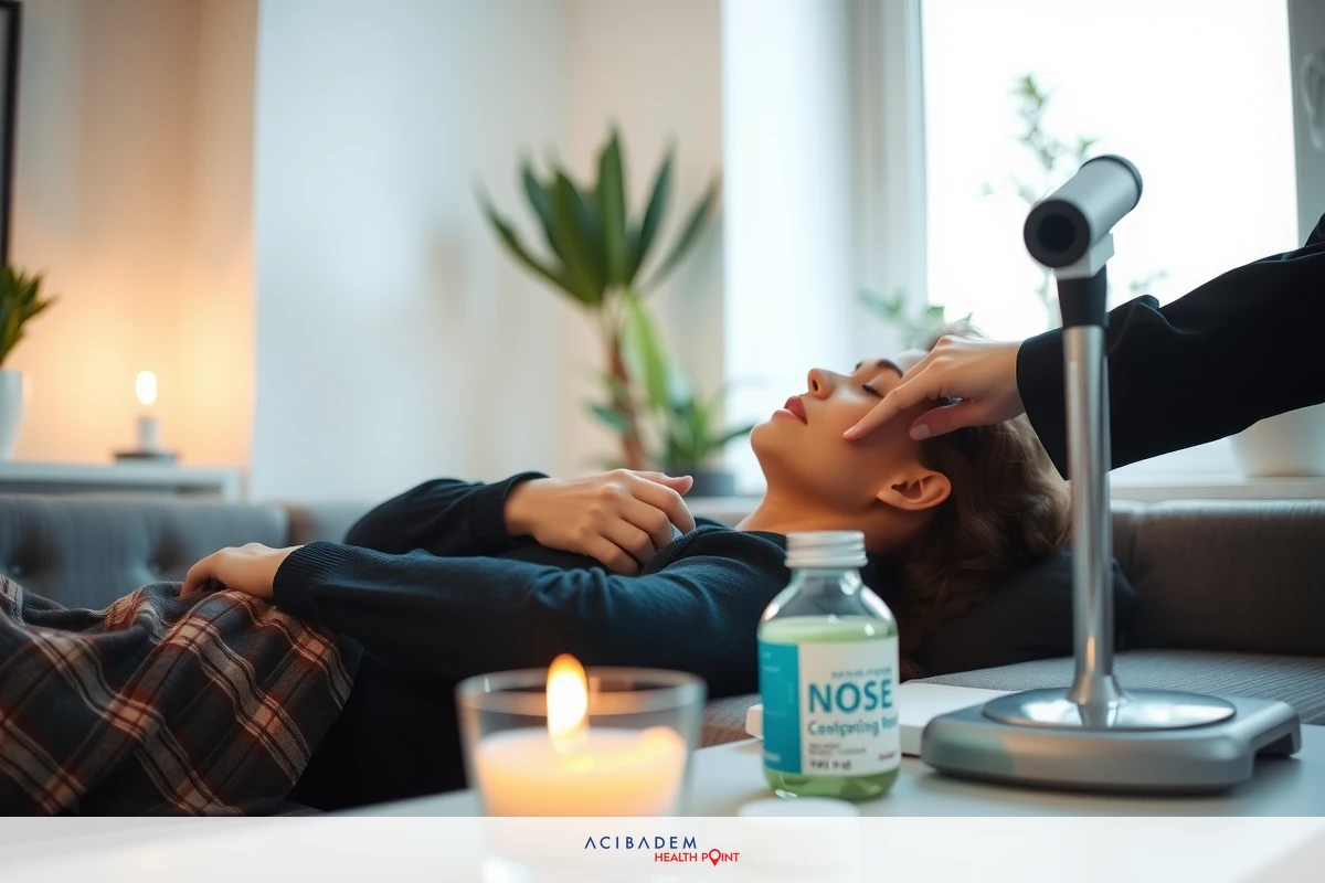 A cozy indoor scene featuring a person lying on a couch with another person working on their face, possibly giving a massage or facial treatment. The room is well-lit and contains various homey items such as potted plants, candles, and a bottle on a table.