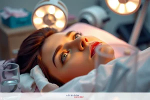 A woman lying on her back with a smiling expression. She appears to be receiving skincare treatment or having makeup done professionally in a brightly lit room.