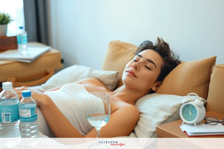 The image depicts a woman lying in bed, smiling. She is wearing a white nightgown and seems to be at ease. Her environment includes a wooden table with various items such as a clock, a bottle of water, and a book. The room has neutral tones and soft lighting, creating a calm and serene atmosphere.
