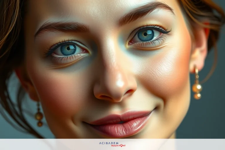 The image depicts a woman with striking blue eyes, looking directly at the camera. She has fair skin and her hair is styled in loose waves. The lighting on the face highlights her bone structure and gives her a calm and confident demeanor.