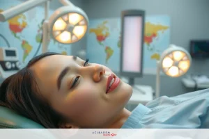 This is an image of a woman lying on a medical examination table. She appears to be in a dental or medical clinic, given the presence of surgical lamps and what looks like a globe that might represent a world map, suggesting this could be a clinic with international connections or a multicultural clientele.