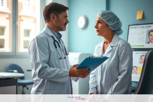 This image depicts a professional medical setting with two healthcare workers dressed in scrubs and stethoscopes. They appear to be engaged in a discussion or examination, likely related to patient care or diagnosis.