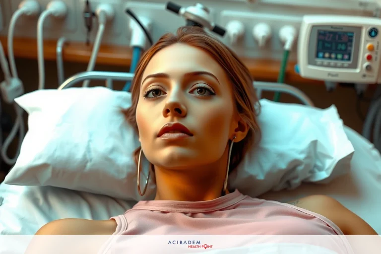 A woman lying on a hospital bed. She is wearing a pink sleeveless top and has an IV attached to her arm.