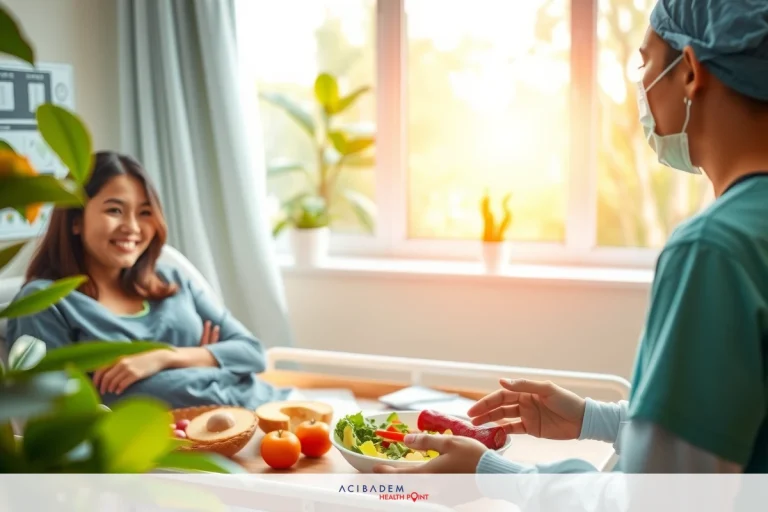The image depicts a hospital setting with medical personnel. There's a female patient on one side and a male doctor on the other, both smiling and interacting in a friendly manner. The room is well-lit with natural light, suggesting it might be near a window or glass partition. The overall atmosphere appears warm and welcoming.