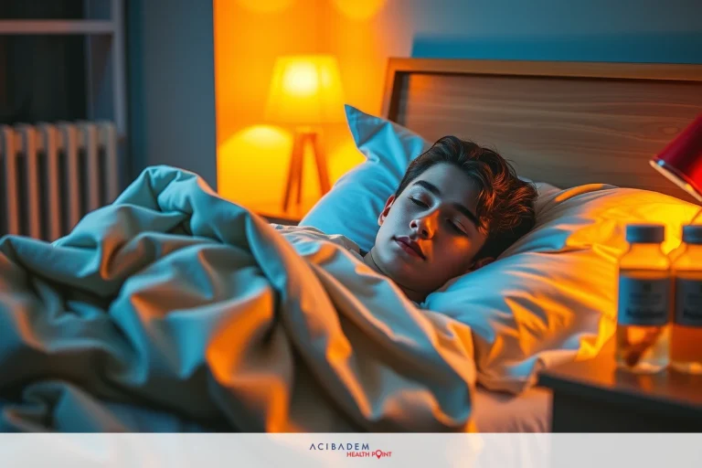 How to Sleep After Rhinoplasty Cast Removal The image depicts a bedroom scene with a person lying in bed. The person is under blankets and appears to be asleep or resting peacefully. The room has warm lighting, likely from lamps not visible in the picture. The environment suggests a calm and quiet setting, possibly during late evening or nighttime.