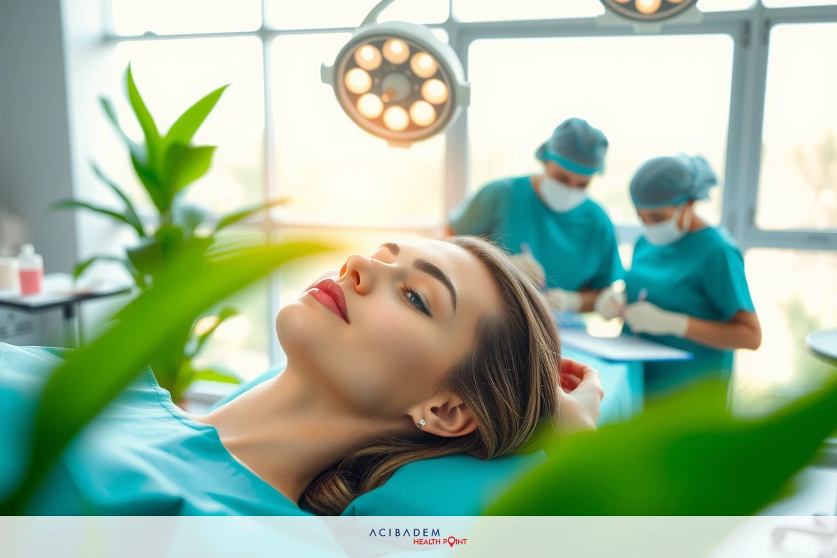 The image shows a woman lying down on a hospital bed with her head resting on a pillow, likely receiving medical care. She appears relaxed and is looking up towards the camera. Medical personnel are visible in scrubs and surgical masks, indicating that this might be an operating room setting.