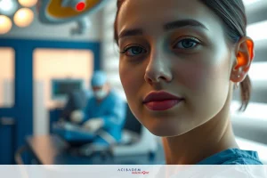 Young woman in a surgical gown, looking thoughtful. A hospital operating room in the background.