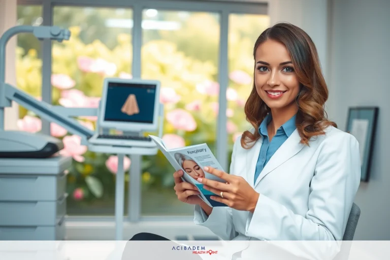 What is Rhinoplasty Cost This image depicts a professional female doctor in her office. She is sitting at a computer workstation with medical imaging equipment, such as a digital X-ray machine and a scanner, which indicates that she provides oral health services and utilizes modern technology for patient care.