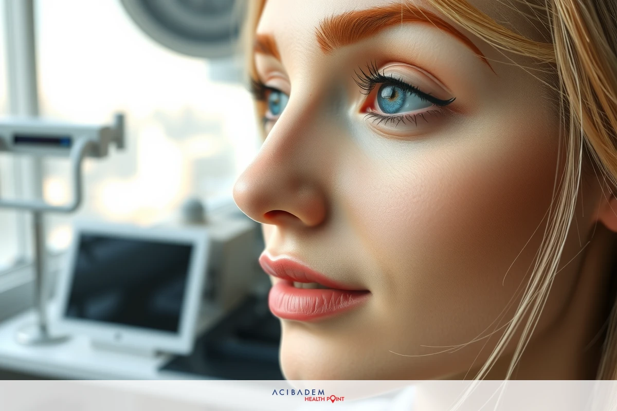 The image features a woman looking downwards with a neutral expression. She has blonde hair, blue eyes, and a subtle makeup look that includes pink lips. Her posture suggests she is in a room equipped for medical or dental examinations, as indicated by the presence of a chair and medical equipment.