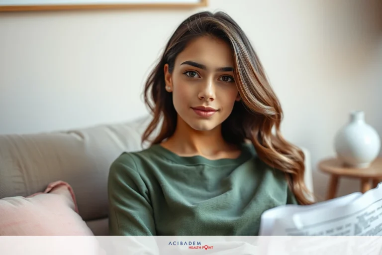 The image shows a woman sitting on a couch and looking downward, possibly at a piece of paper or her hands. She has a neutral expression on her face. The environment appears to be an indoor setting, with a blurred background that suggests a cozy and intimate atmosphere.