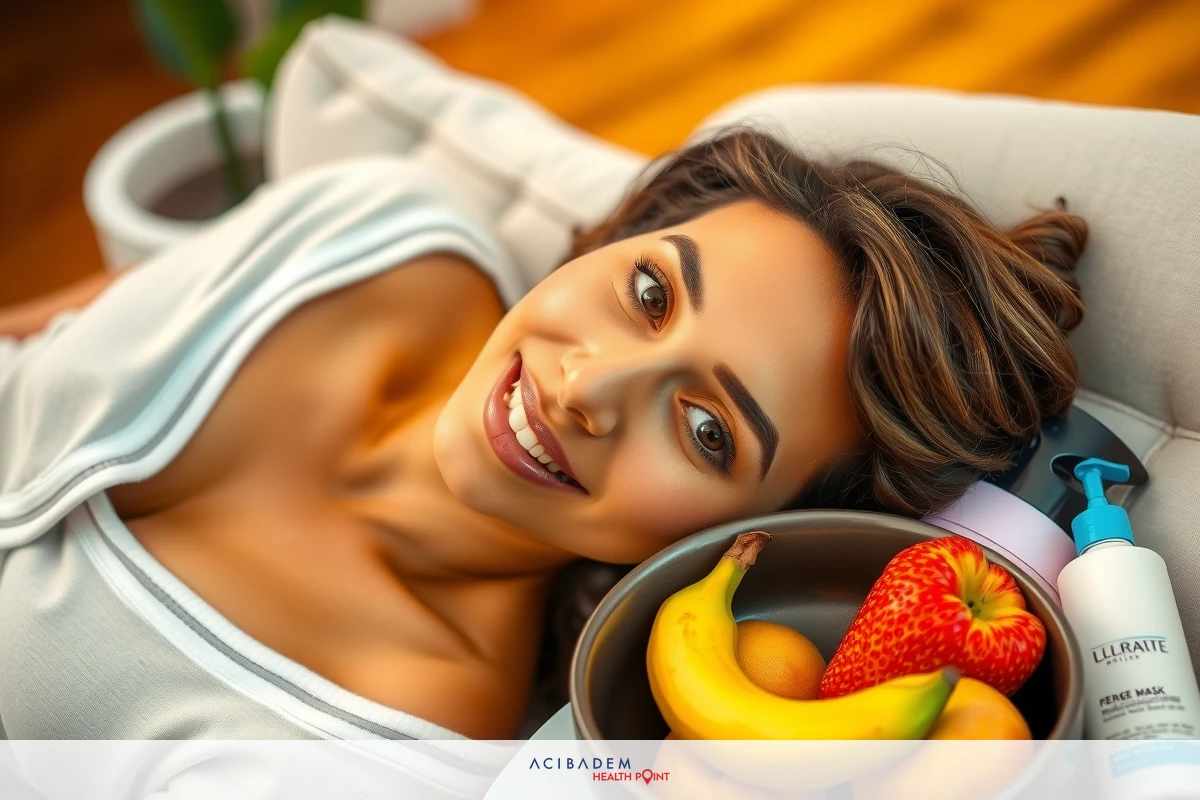 A woman is lying on her stomach with a bowl of fruit beside her, smiling at the camera. The setting suggests a relaxed and comfortable environment.