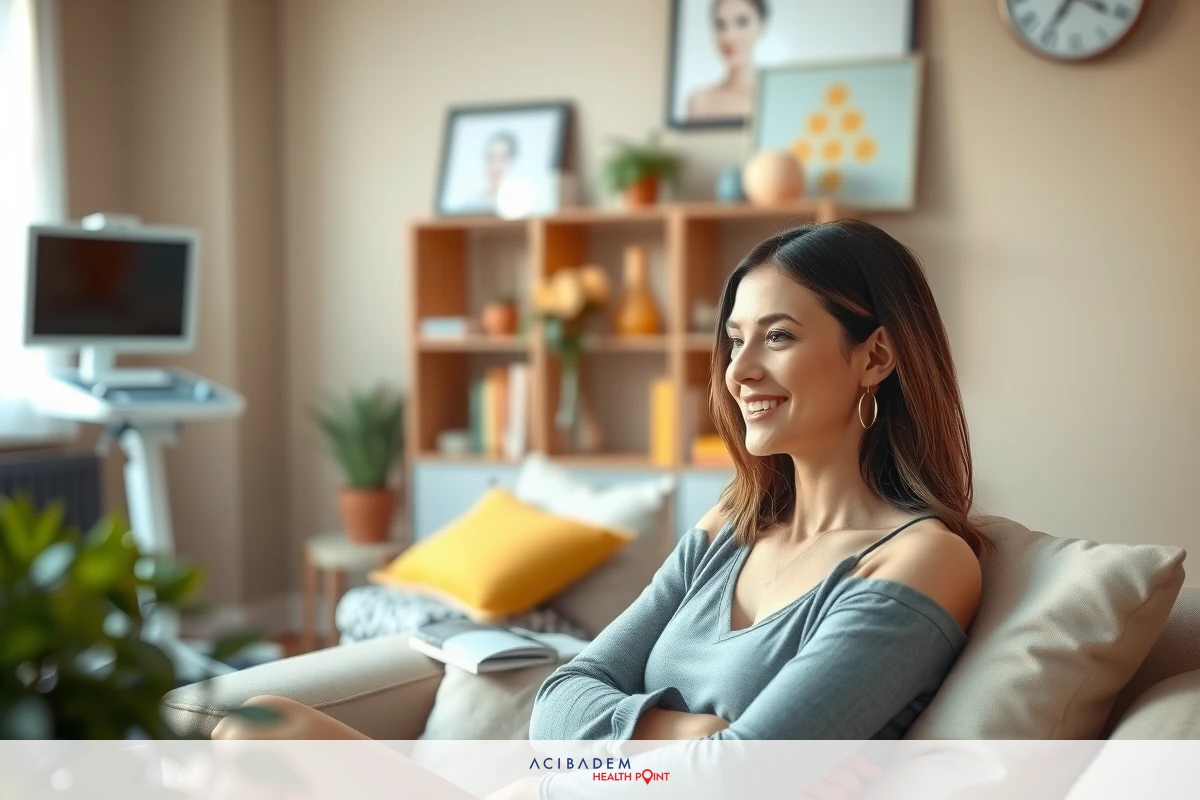 A young woman seated on a sofa, smiling and relaxed. She's wearing a light-colored top and appears to be in a modern living room with various pieces of furniture and decor around her.