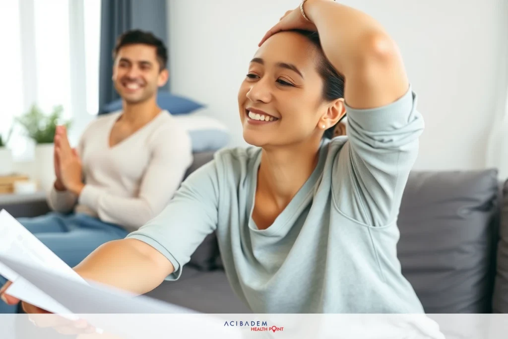 How Long After Rhinoplasty Can You Start Working Out? Two people in a living room; one holding papers, smiling and clapping hands while the other is seated on the sofa, laughing and cheering.