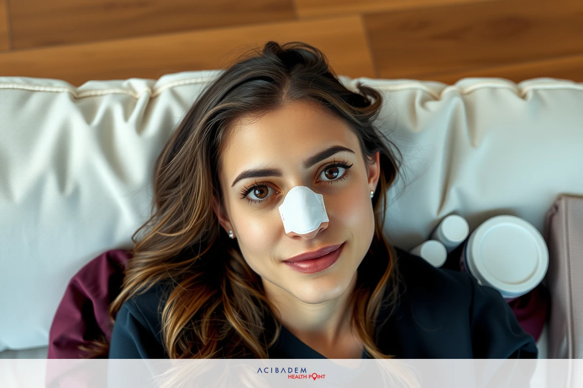 The image features a woman Sitting down with her eyes closed. She has a bandage on her nose.