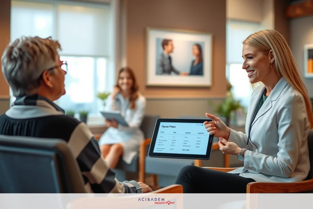 How Much is Ultrasonic Rhinoplasty? This image depicts a professional setting where two individuals, likely healthcare workers due to the context, are engaged in what appears to be a consultation. One person is seated with a tablet PC on their lap, while the other stands and actively uses an iPad for input or presentation. They are surrounded by modern office decor with visible technology equipment and lighting that suggests an indoor environment during daylight hours.