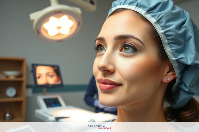 A professional female dentist in a modern surgical setting, examining a patient's face with precision and care.