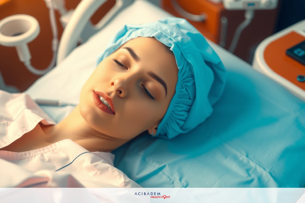 A woman is lying on a hospital bed, possibly sedated or resting before medical procedures. She has an IV and monitoring equipment nearby. The focus is on her face with a serene expression.