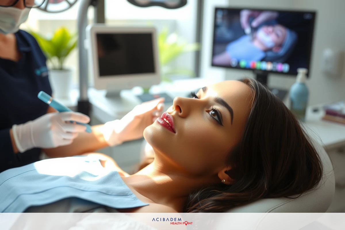 This image depicts a woman sitting in a dental chair. A medical professional, likely a surgeon or nurse, is seen applying something to the patient's face with gloved hands. The environment suggests a clean, well-lit medical office with modern equipment visible in the background.