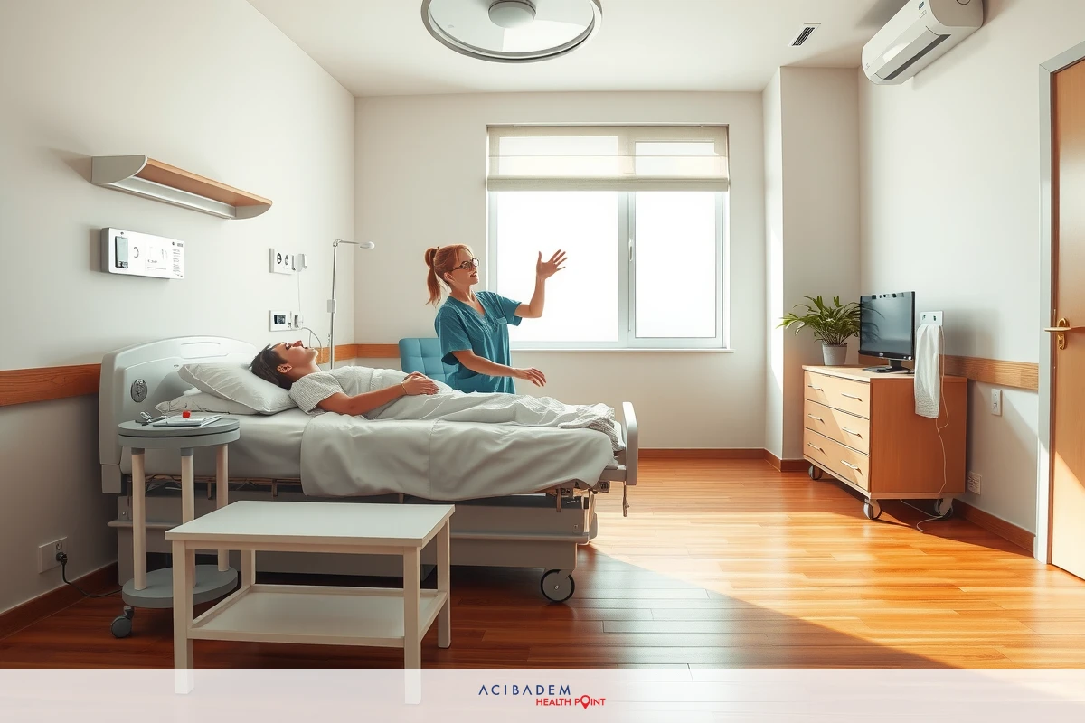 Medical professionals in modern hospital room. Woman nurse interacting with patient on bed, smiling and talking. Bright sunlight streaming in window illuminates scene.