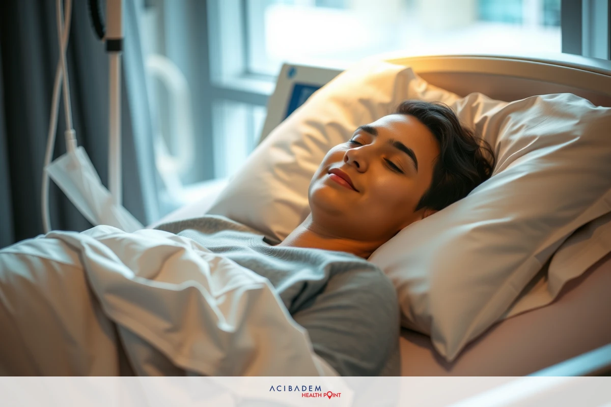 The image shows a person lying in a hospital bed, smiling gently. The individual appears to be resting comfortably with the sheets and blankets arranged neatly around them. The room has a clean and clinical environment typical of healthcare settings.