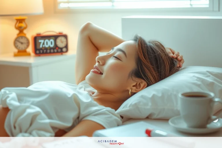 How Long Do You Stay in Hospital After Rhinoplasty Woman lying in bed with her head propped up on her hand. She has a coffee mug beside her and is smiling. The room includes a clock and warm lighting.