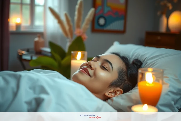 The image shows a person lying in bed with a serene and relaxed expression. The room has soft lighting, contributing to a calm atmosphere. A few candles are lit on the side of the bed, enhancing the tranquil environment.
