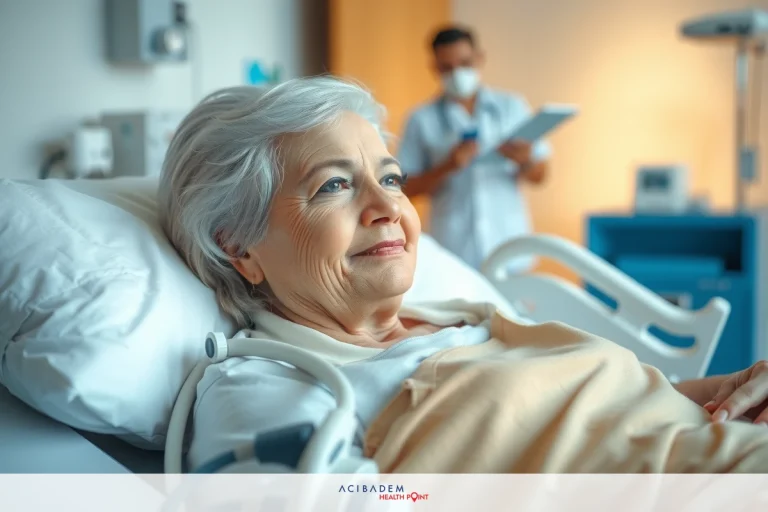 Image of an older woman lying in a hospital bed, with medical staff attending to her. The scene suggests she is receiving medical care or treatment.