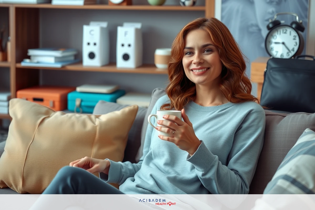 In the image, a woman is comfortably seated on a couch in what appears to be a cozy living room setting. She is casually dressed in a blue t-shirt and her face is lit up with a warm smile. In her hand, she holds a cup of coffee, suggesting a relaxed and leisurely moment. The surroundings include a coffee table with various items on it, indicating that she might be enjoying some quiet time at home.