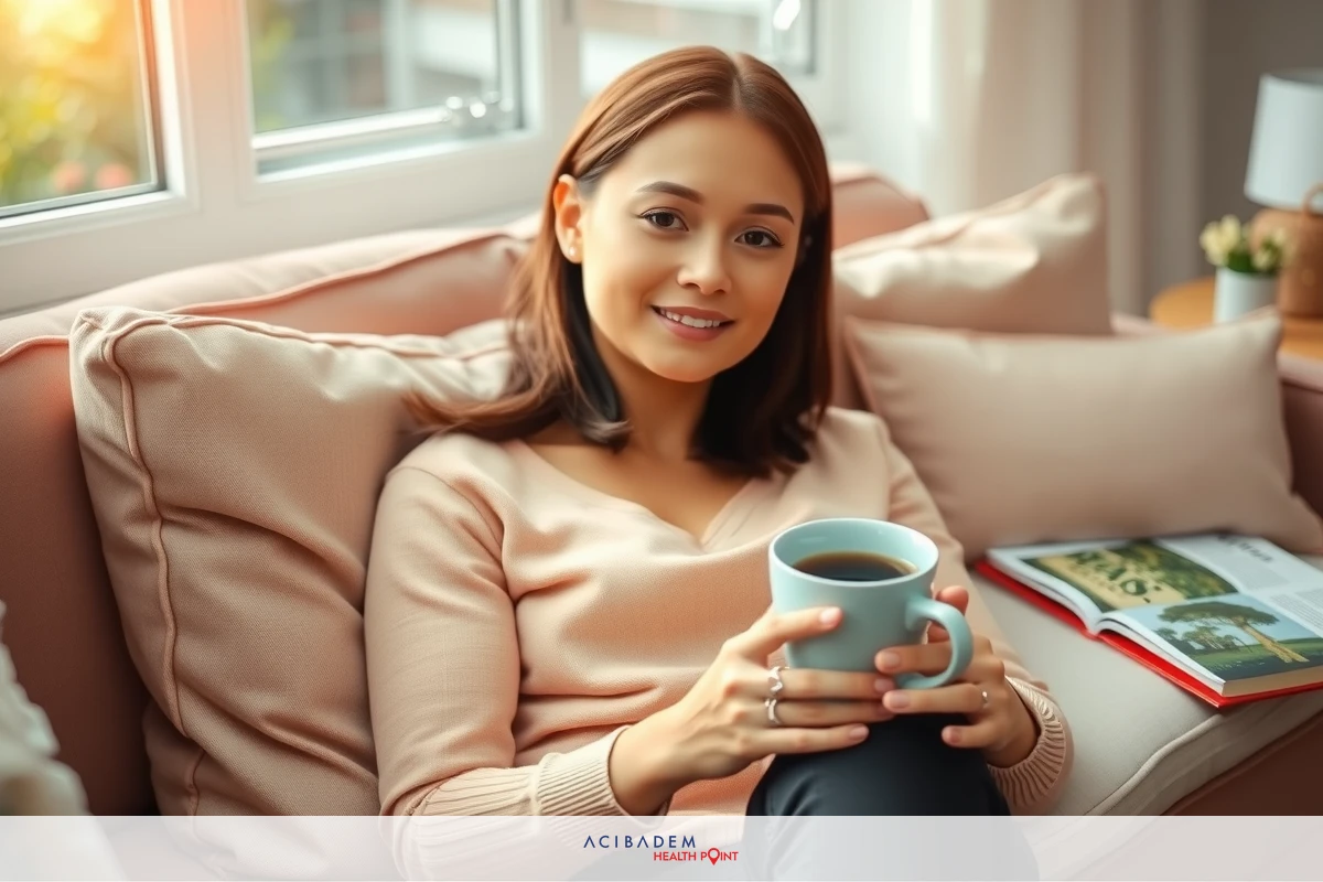 A woman relaxing indoors with a cup of coffee, smiling at the camera while sitting on a plush sofa with pink pillows.