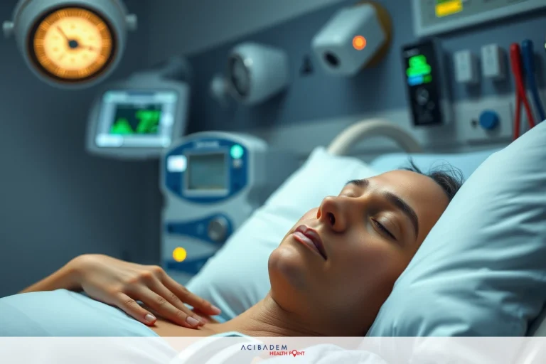 A woman lying on a hospital bed with medical equipment around her, suggesting she might be in critical care or receiving intensive care.