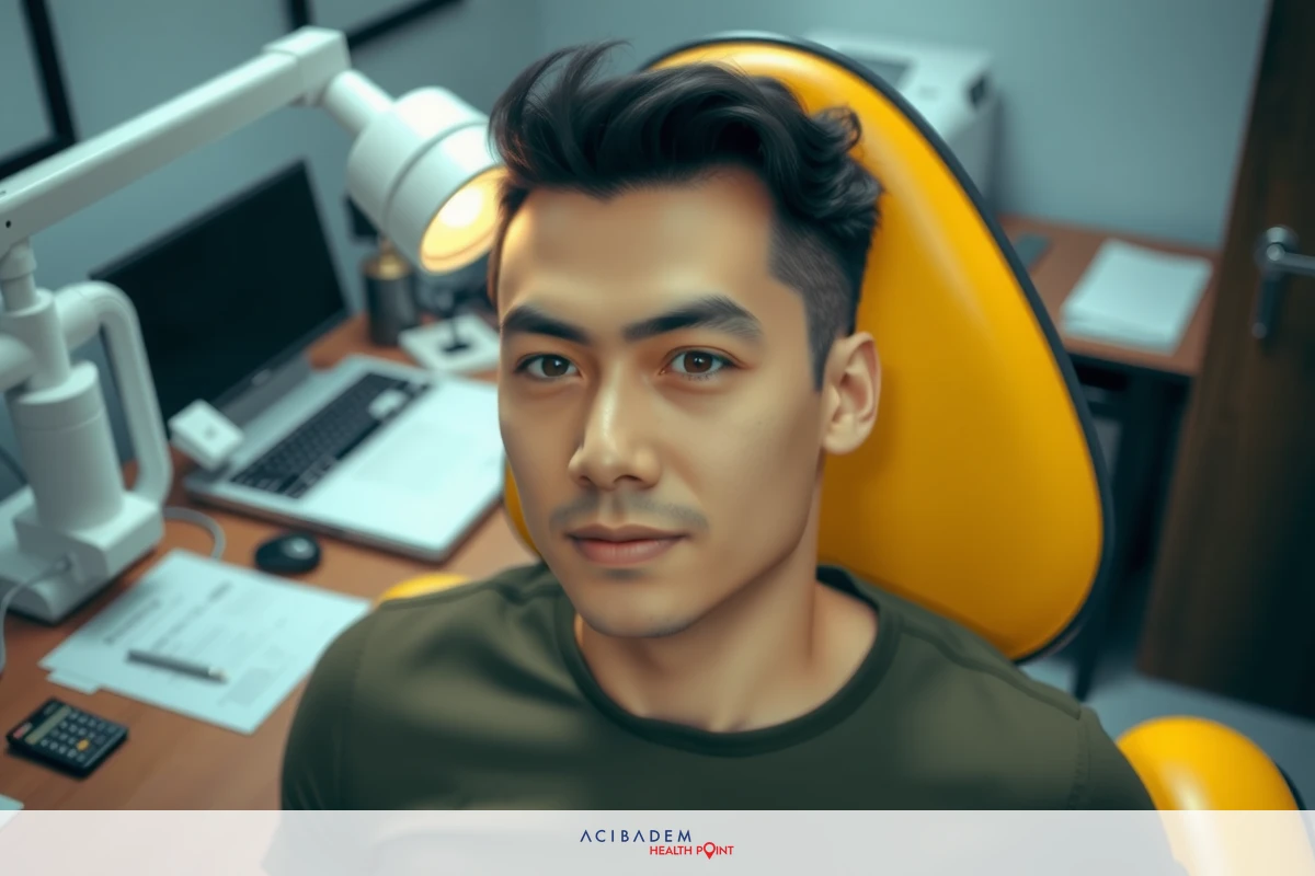 The image features a young man seated in what appears to be a medical clinic. He is wearing a brown t-shirt and has a neutral expression on his face.