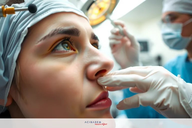 Why Do My Teeth Hurt After Rhinoplasty Surgeons and medical staff in a sterile environment, examining a patient's nose. One surgeon is holding the patient's head while another surgeon appears to be operating or inspecting their nose. The image captures the moment before or during surgical intervention.