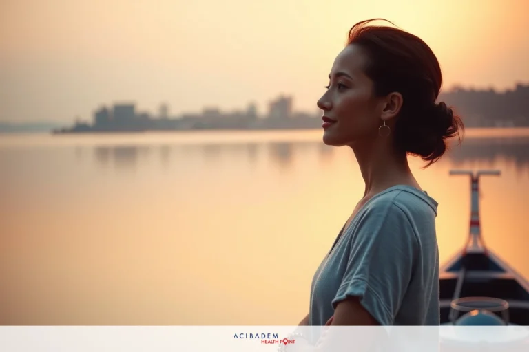 A woman in a blue dress stands on the stern of a boat at sunset. She gazes into the distance, her right hand touching her chest, suggesting contemplation or emotion.